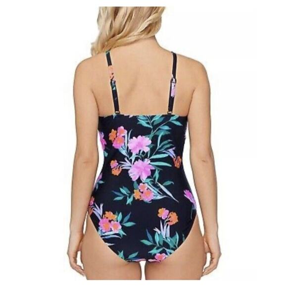 Island Escape One-Piece Black Floral Adjustable Swimsuit Size 10 New - Picture 2 of 11
